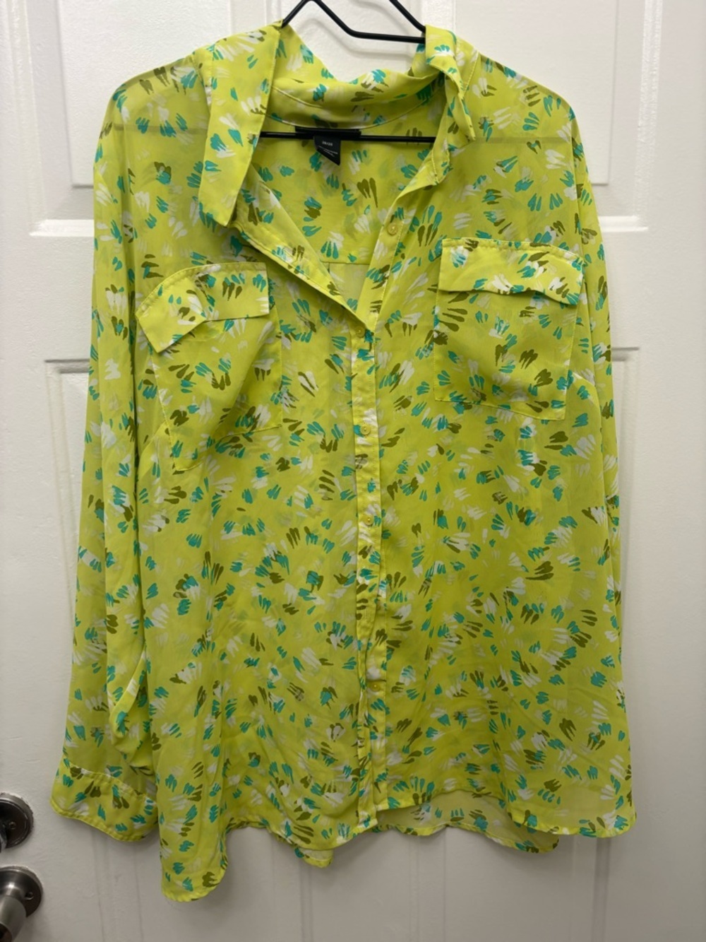 Lane Bryant Lime Yellow Printed Button-Front Top